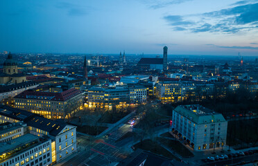 Frauenkirche in Munich at night from the air