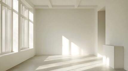 Obraz premium A sunlit, minimalist interior space with ample windows and a simple, white pedestal.
