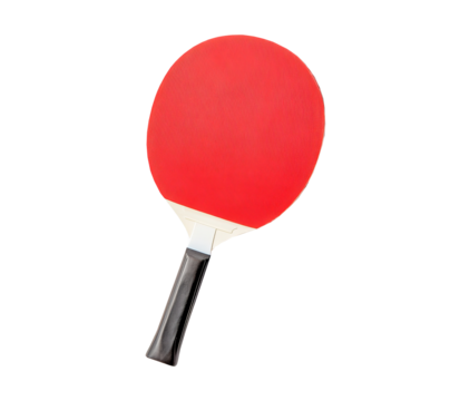 Red table tennis paddle with black handle on white background