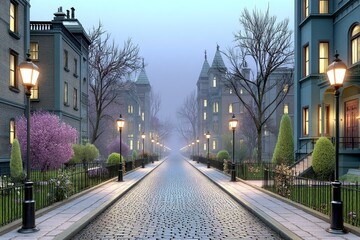 A gothic urban street at night with gas lamps, cobblestone paths, and fog creeping between buildings