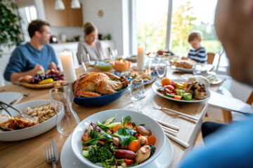 family gathers around festive table filled with variety of delicious Thanksgiving dishes, creating warm and joyful atmosphere