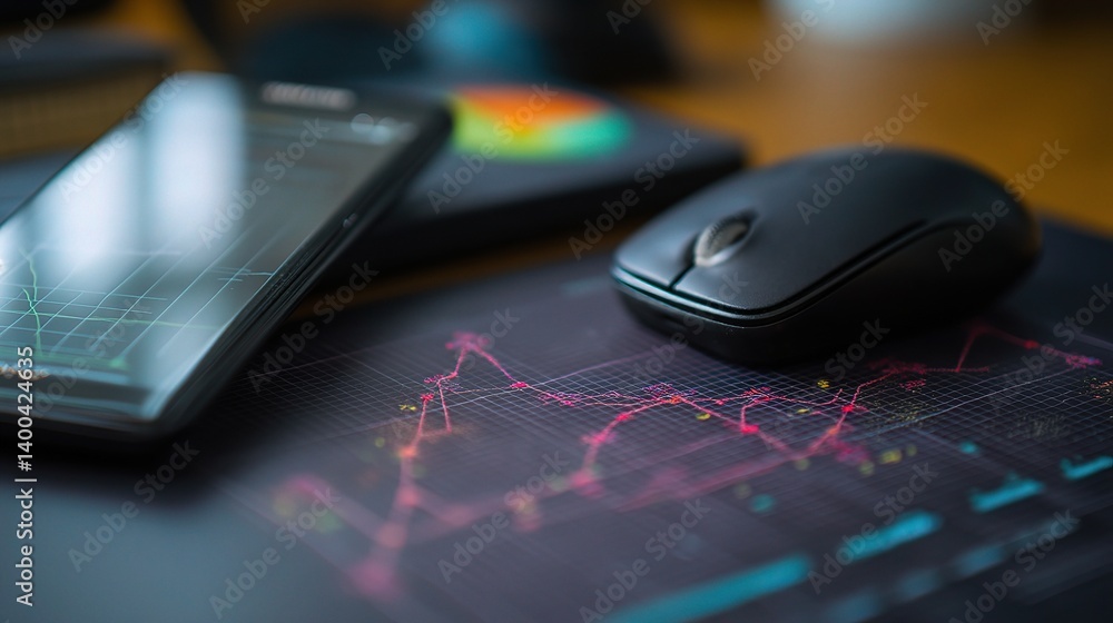 Aufkleber holographic graph on desktop with smartphone and mouse close up