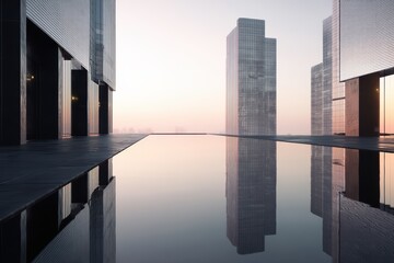 Modern Glass Skyscrapers with Reflective Pool: Minimalist Urban Business Scene