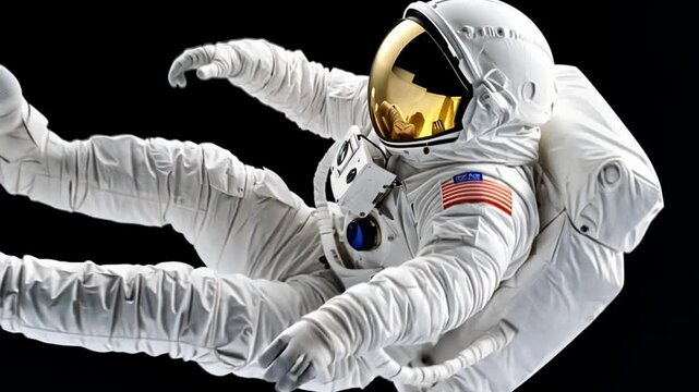 Astronaut in Space Suit Floating in Zero Gravity with Gold Visor and American Flag Patch on Sleeve