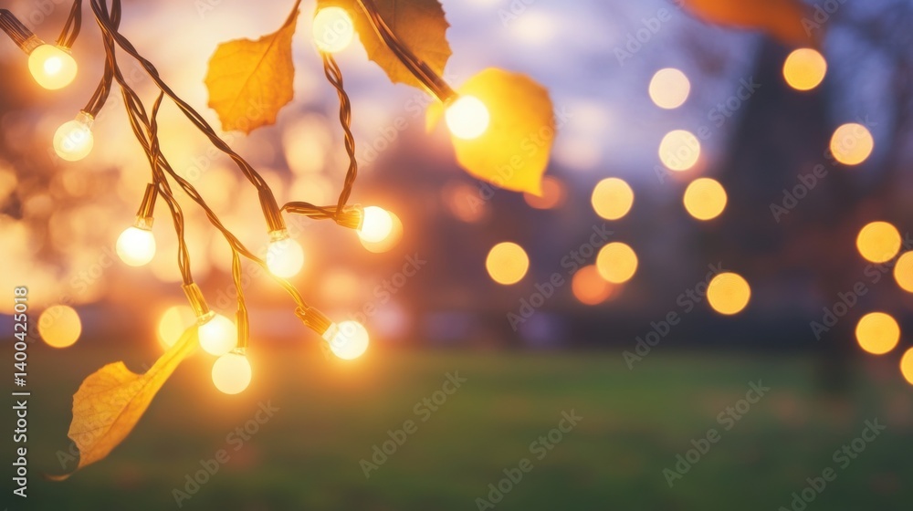 Poster string lights glow warmly, creating a cozy atmosphere in an outdoor space. the lime bokeh background