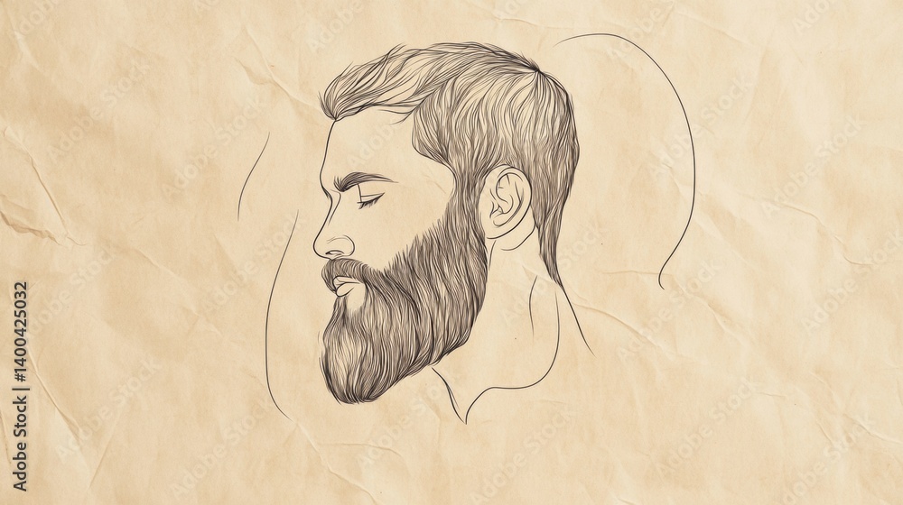 Poster minimalistic beard illustration on craft paper texture featuring a profile view with artistic simpli