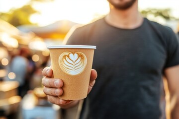 At an outdoor market, a barista presents a coffee cup featuring latte art while the area buzzes with activity. This setting embodies coffee culture, communal gatherings, and food vendors