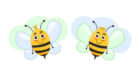 Cute Bee couple cartoon style isolated on white background. Vector illustration.