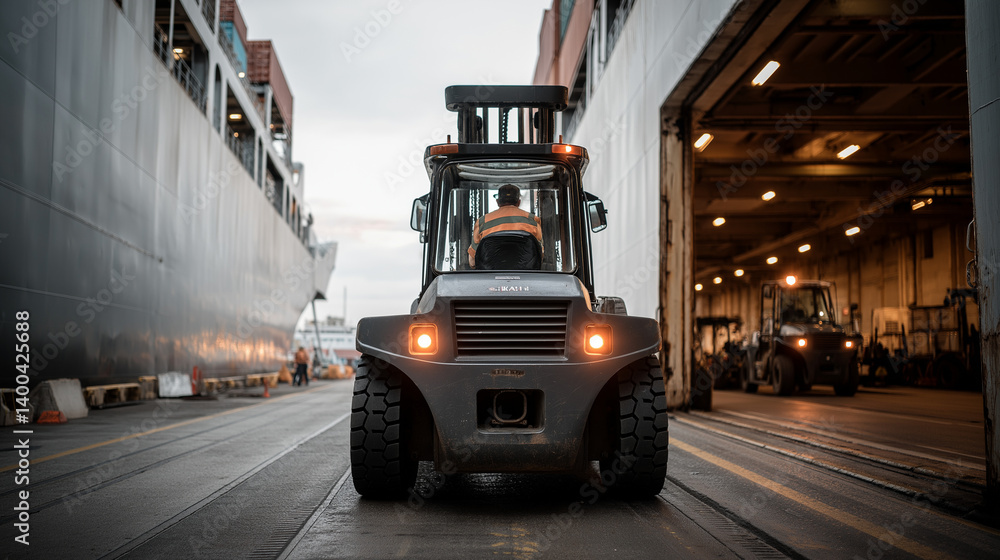 Poster efficient forklift operations at a port intersecting cargo shipping
