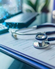 Medical records and stethoscope on a desk,  with digital overlay