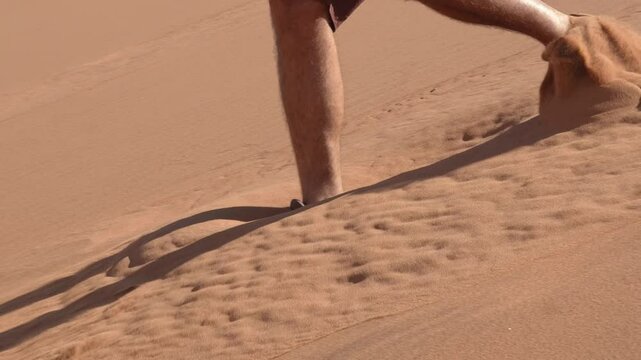 Sandy desert landscape showing hiker walking, feet sinking into soft dunes, highlighting challenging terrain and laborious movement across shifting ground