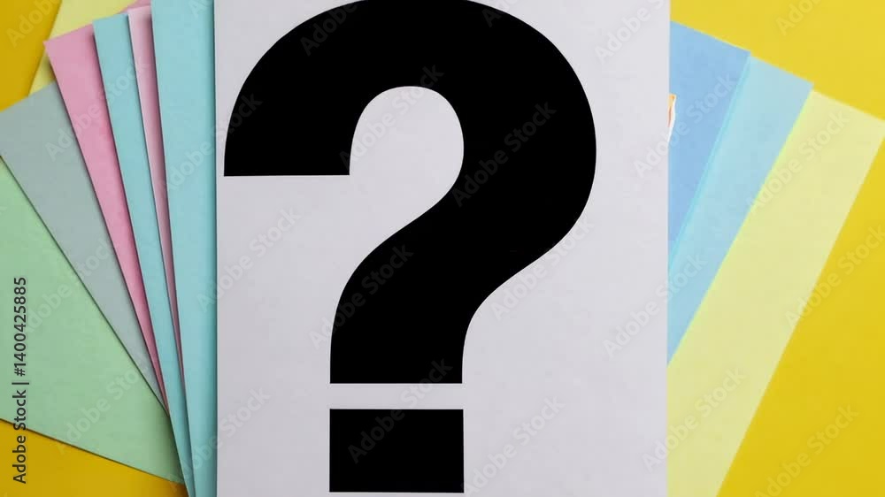 Aufkleber large question mark expanding on a white card placed on a stack of colored sheets with a yellow back