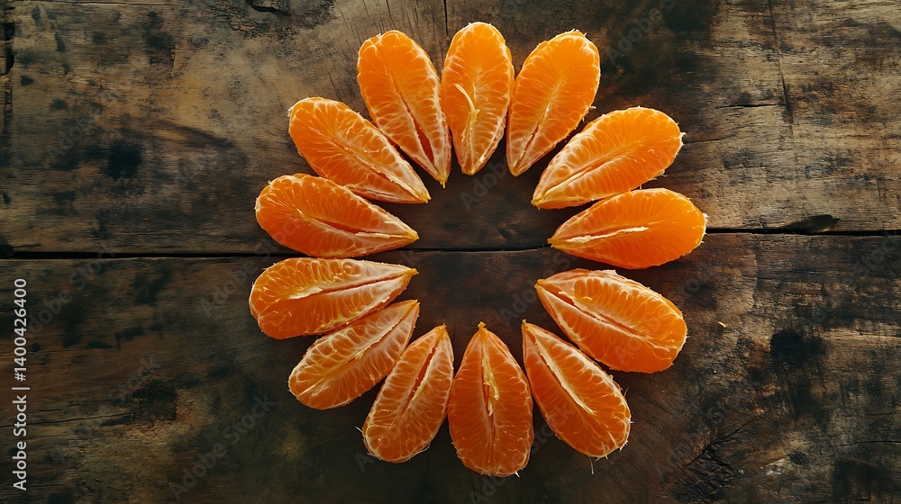Poster a circular arrangement of vibrant orange citrus fruit segments on a rustic wooden surface, creating 