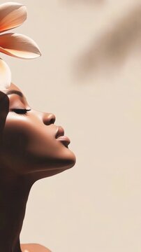 Elegant profile of african woman with flower adornment against soft background
