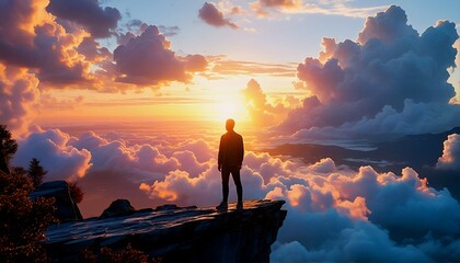 Fototapeta premium a silhouetted figure stands on a rocky precipice overlooking a vibrant sea of clouds bathed in the warm glow of a colorful sunset.