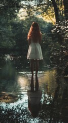 Back view of a woman in a white dress standing in a forest stream. The woman's reflection is visible in the water.