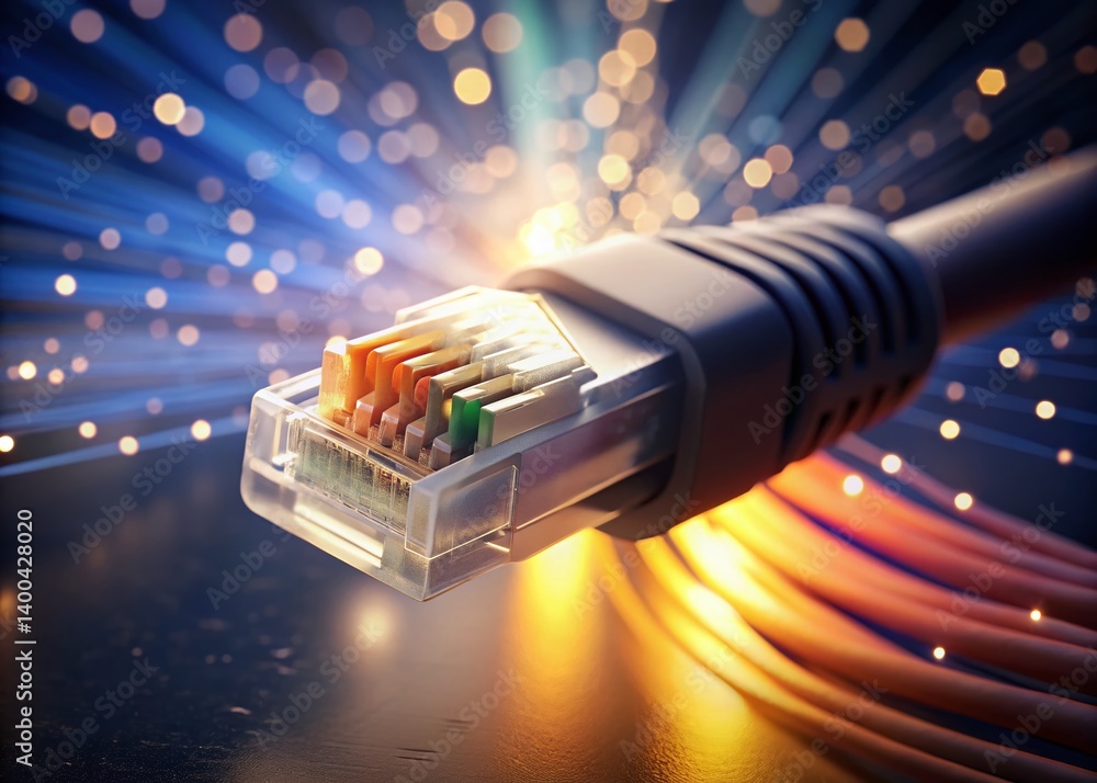 Poster macro close-up of ethernet rj45 connector with bokeh and light flare - high-detail stock photo