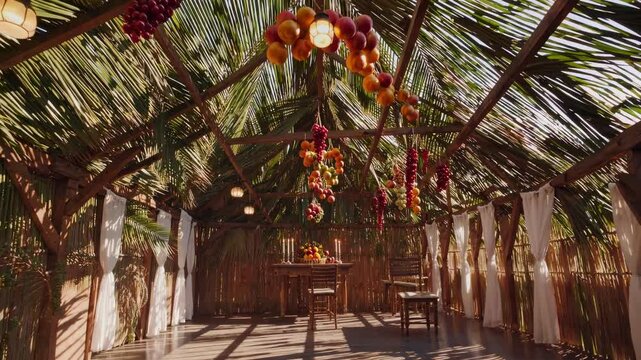 Sukkot festive hut decorated with fresh fruits, palm leaves, sunlight, celebrating harvest time