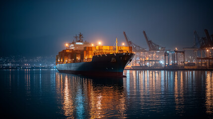 Cargo ship in busy port showcasing logistics and transport power