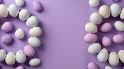 This elegant pastel lilac Easter design showcases egg wreaths forming circular accents on each side. The middle is left clean, offering ideal space for marketing materials, greetings, or personal mess
