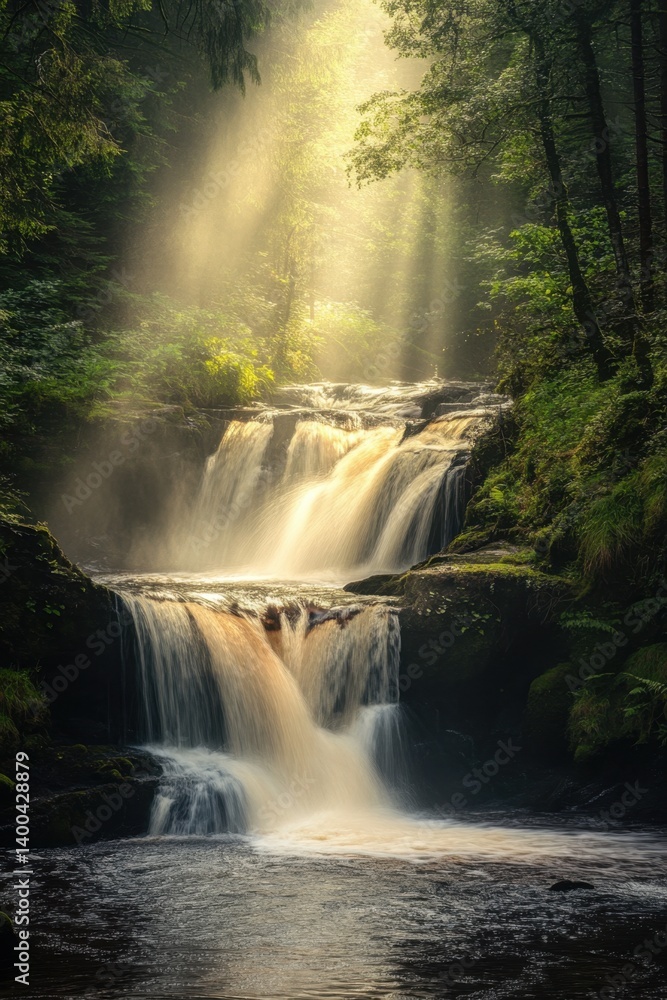 Poster enchanting waterfall cascading through lush green forest illuminated by ethereal sunbeams creating a