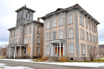 Obraz premium Abandoned asylum building with broken windows and whispering voices