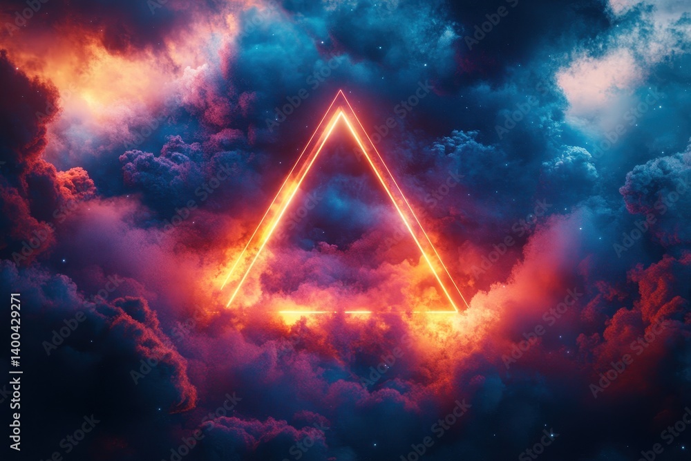 Poster Colorful stormy sky with glowing triangle shape surrounded by clouds at twilight creating a mystical atmosphere