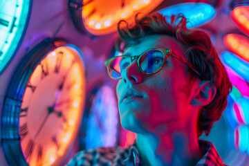 Futuristic Neon Portrait of a Time Traveler in a Portal of Clocks and Lights, Generative AI