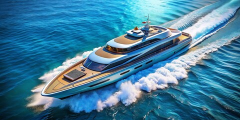 Luxury Motor Yacht Cruising Azure Waters: Aerial Perspective