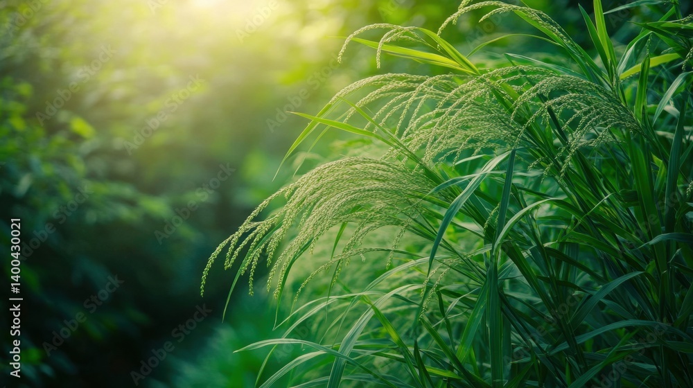 Poster lush greenery and sunlight filtering through leaves creating a serene natural scene in a tranquil fo