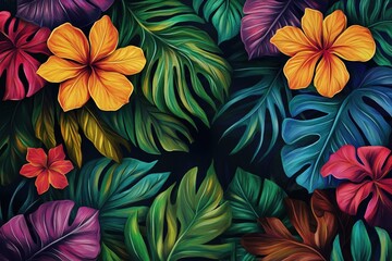 Showcasing vibrant tropical leaves and flowers, full of colors and beauty