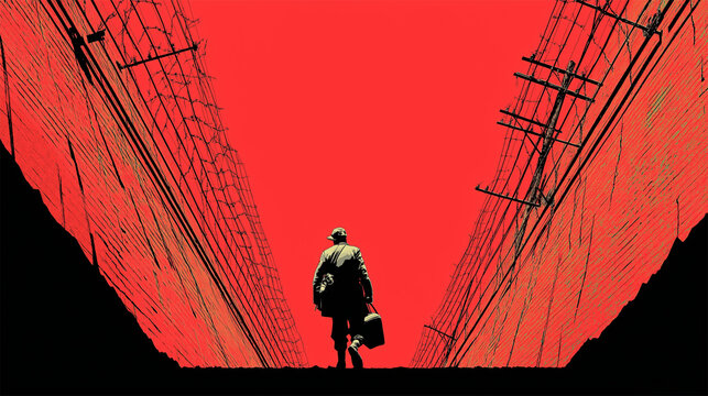 World War II prisoner walking through barbed corridor under blood-red sky, symbolic escape
