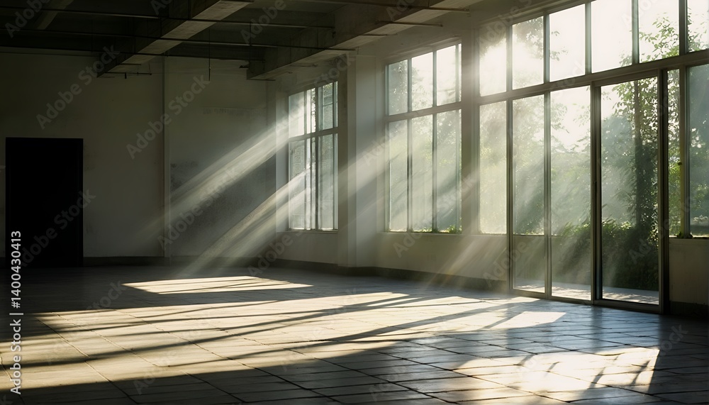 Poster sunlight streams through a wall of windows casting long shadows across a tiled floor in an empty roo