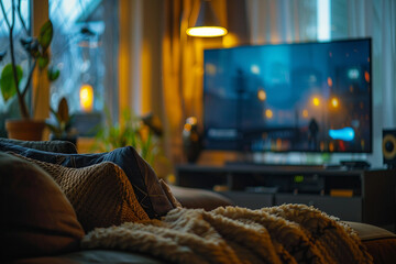 Family Watching a Movie Together at Home in a Cozy Living Room, Home Cinema Concept Generative AI