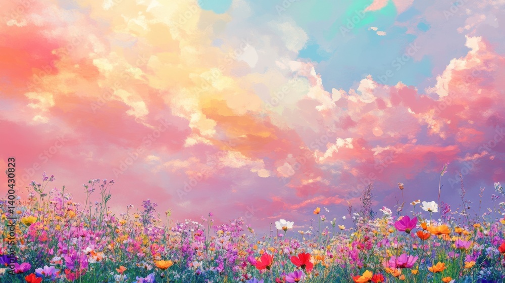 Poster surreal gradient sky blending seamlessly into a vibrant wildflower meadow during a calm evening