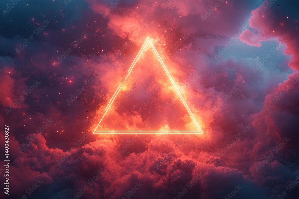 Poster Colorful stormy sky with glowing triangle shape surrounded by clouds at twilight creating a mystical atmosphere