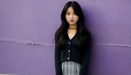 Fototapeta premium a young woman with long dark hair poses against a textured lavender wall wearing a black cardigan and plaid skirt.