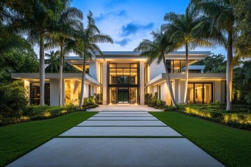Modern luxury home at twilight.  Exterior showcasing contemporary architecture, landscaping, and elegant lighting