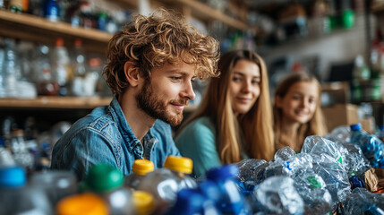 Family teamwork in sorting recyclable materials to promote environmental awareness and sustainability outdoors