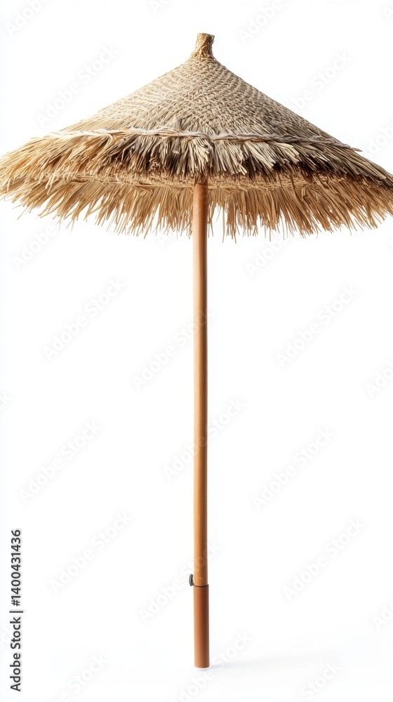 Poster elegant straw beach umbrella casting a shadow on a clean white background in a minimalist style with