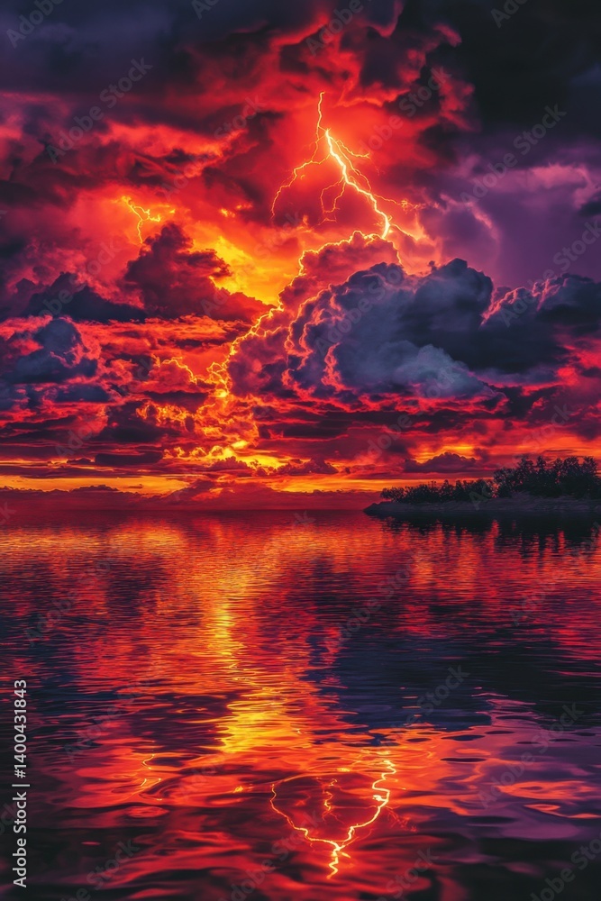Poster dramatic sunset over tranquil water with vivid red clouds and a lightning strike creating a powerful