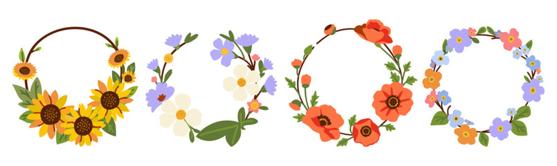 Vector set of floral rounded frames isolated on white background. Floral wreaths