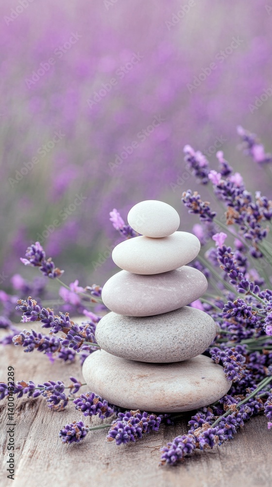 Poster serene stone cairn amidst fragrant lavender blossoms in a tranquil garden setting symbolizing balanc