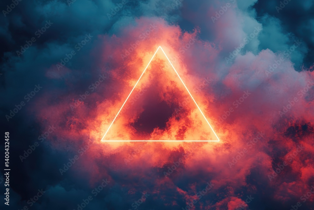 Poster Colorful stormy sky with glowing triangle shape surrounded by clouds at twilight creating a mystical atmosphere