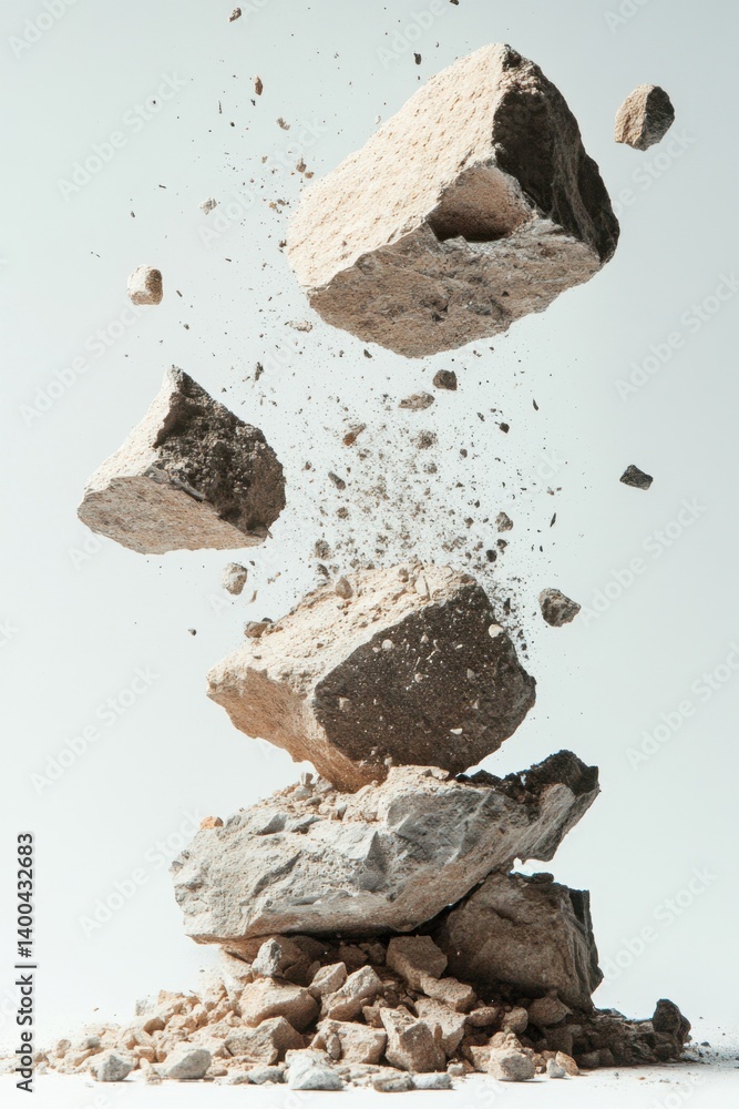 Poster dynamic composition of fractured stone fragments in mid air against a clean background showcasing te