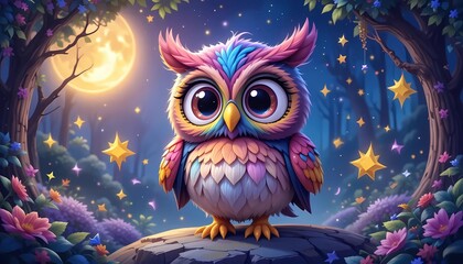 Naklejka premium A charming, cartoonish owl with vibrant, rainbow-colored feathers stands on a rock in a mystical forest at night.