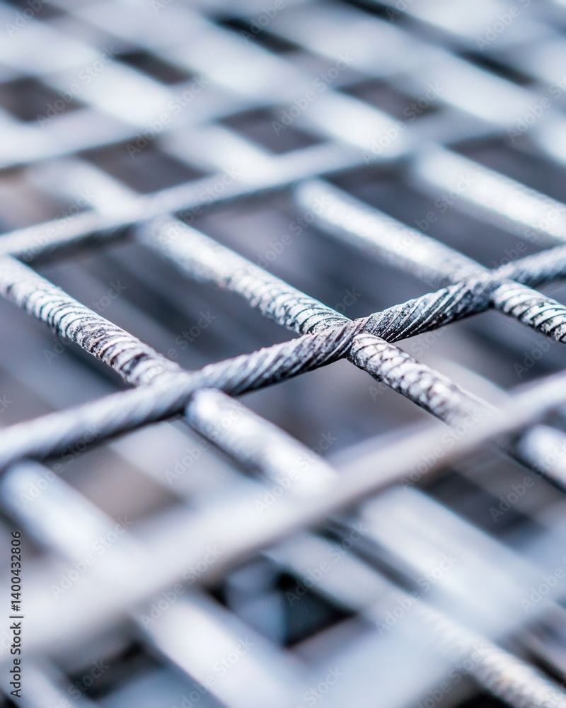 Poster detailed close up of metallic grid structure with textured steel wires and abstract geometric patter