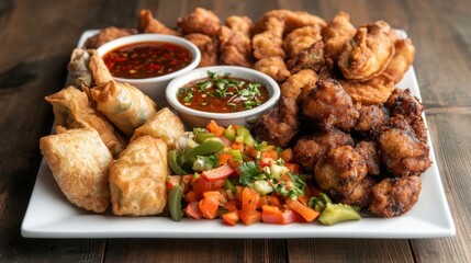  A platter of assorted Asian appetizers with a dipping sauce, including spring rolls, dumplings, and fried items.