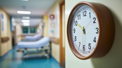 Hospital hallway clock showing time, beds in background.