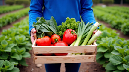 Person holding a wooden crate filled with fresh vegetables.